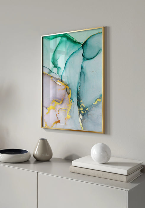 Poster Watercolor Green Real Gold + Gold Metallic Frame 50x70cm